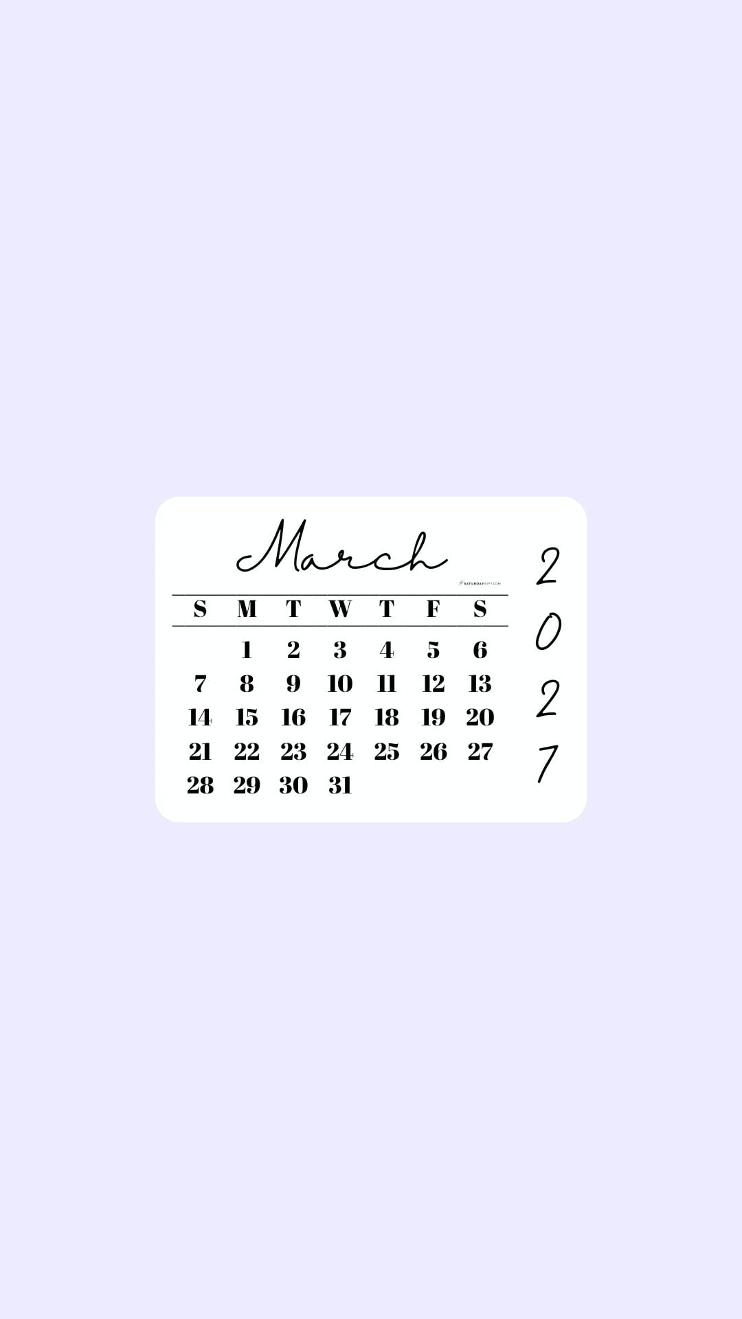 March 2027 Phone Wallpaper Background - Simple Lilac | SaturdayGift