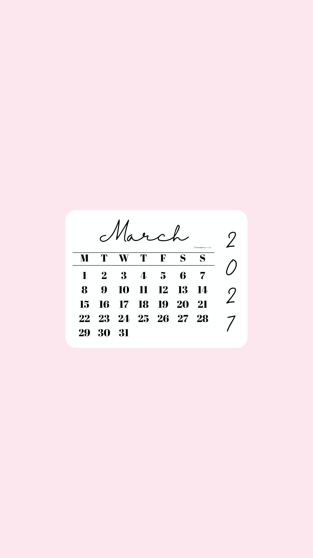 March 2027 Phone Wallpaper Background - Simple Pink | SaturdayGift