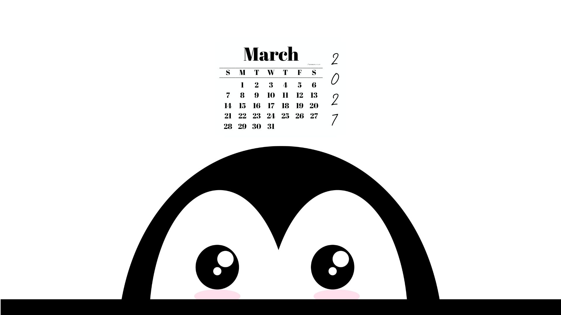March 2027 Wallpaper for Desktop - Shy Penguin | SaturdayGift