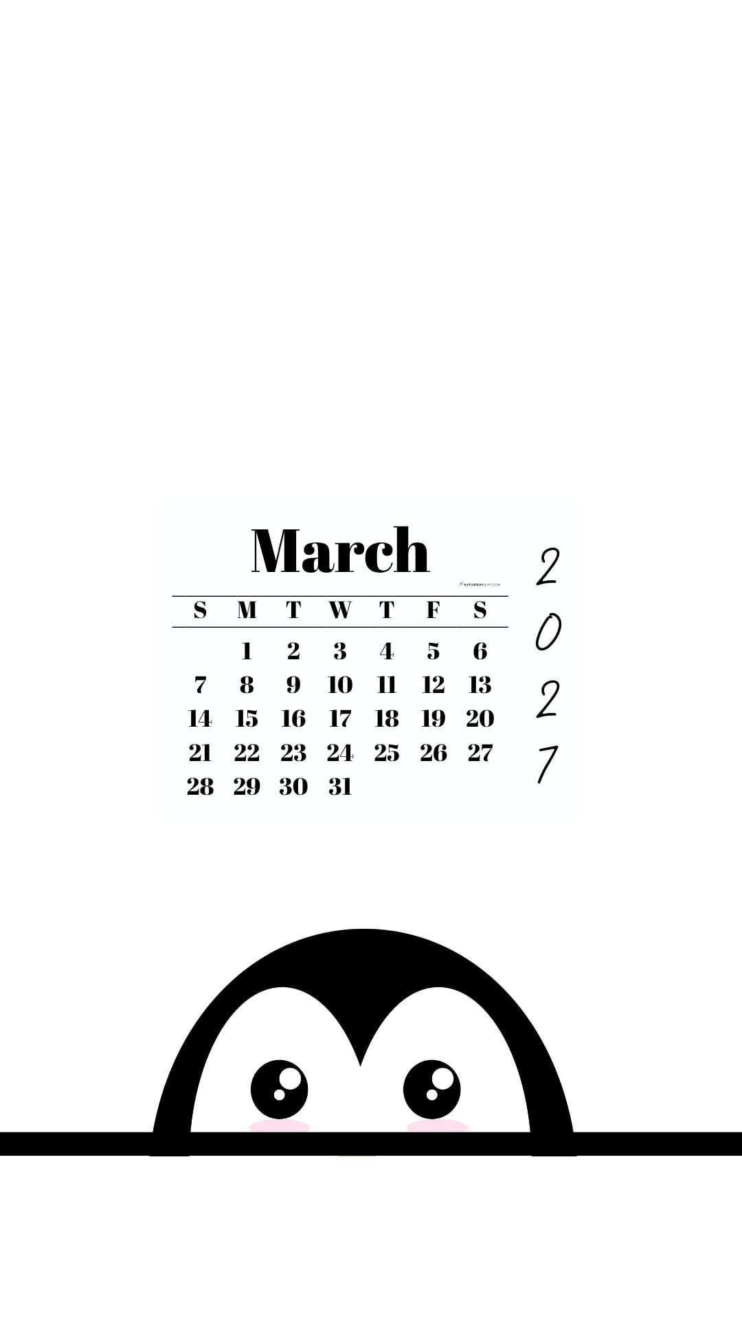 March 2027 Wallpaper for Phone - Shy Penguin | SaturdayGift