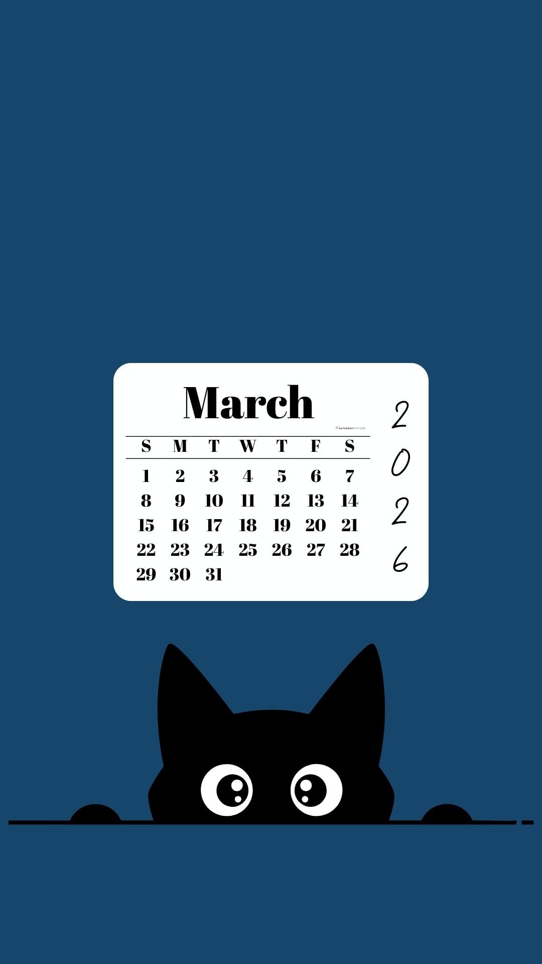 March Calendar 2026 Phone Background - Shy Cat Blue | SaturdayGift