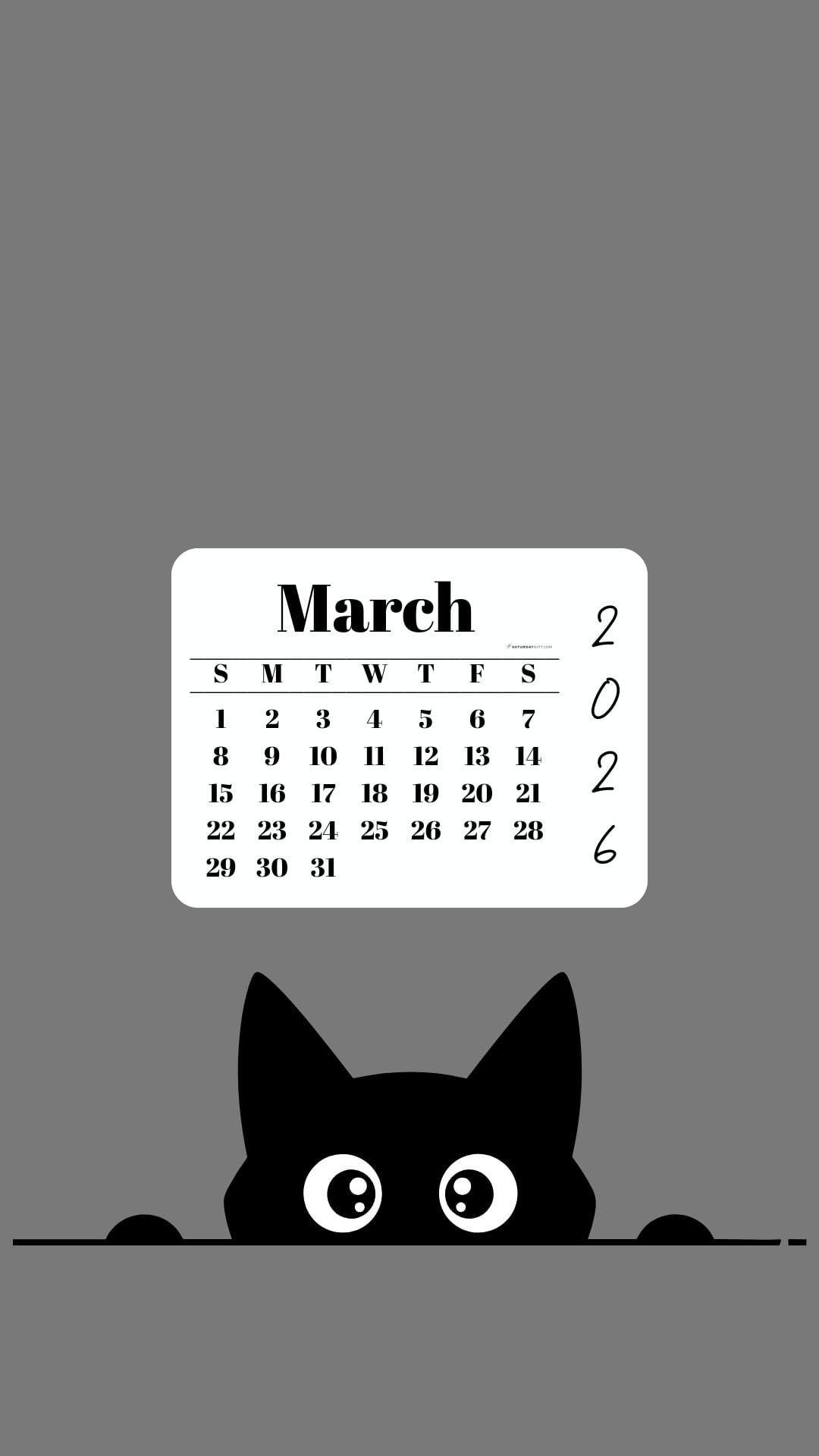 March Calendar 2026 Phone Background - Shy Cat Grey | SaturdayGift