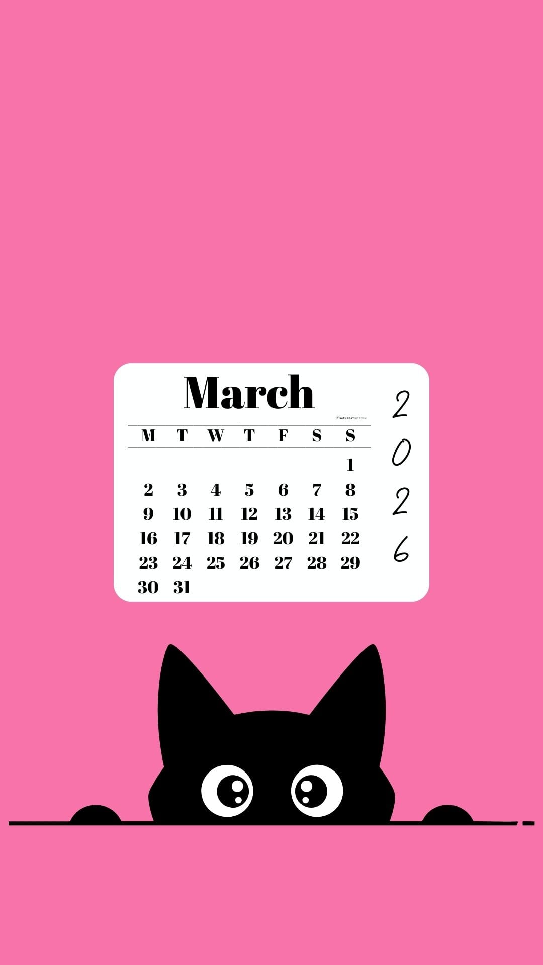 March Calendar 2026 Phone Background - Shy Cat Pink | SaturdayGift
