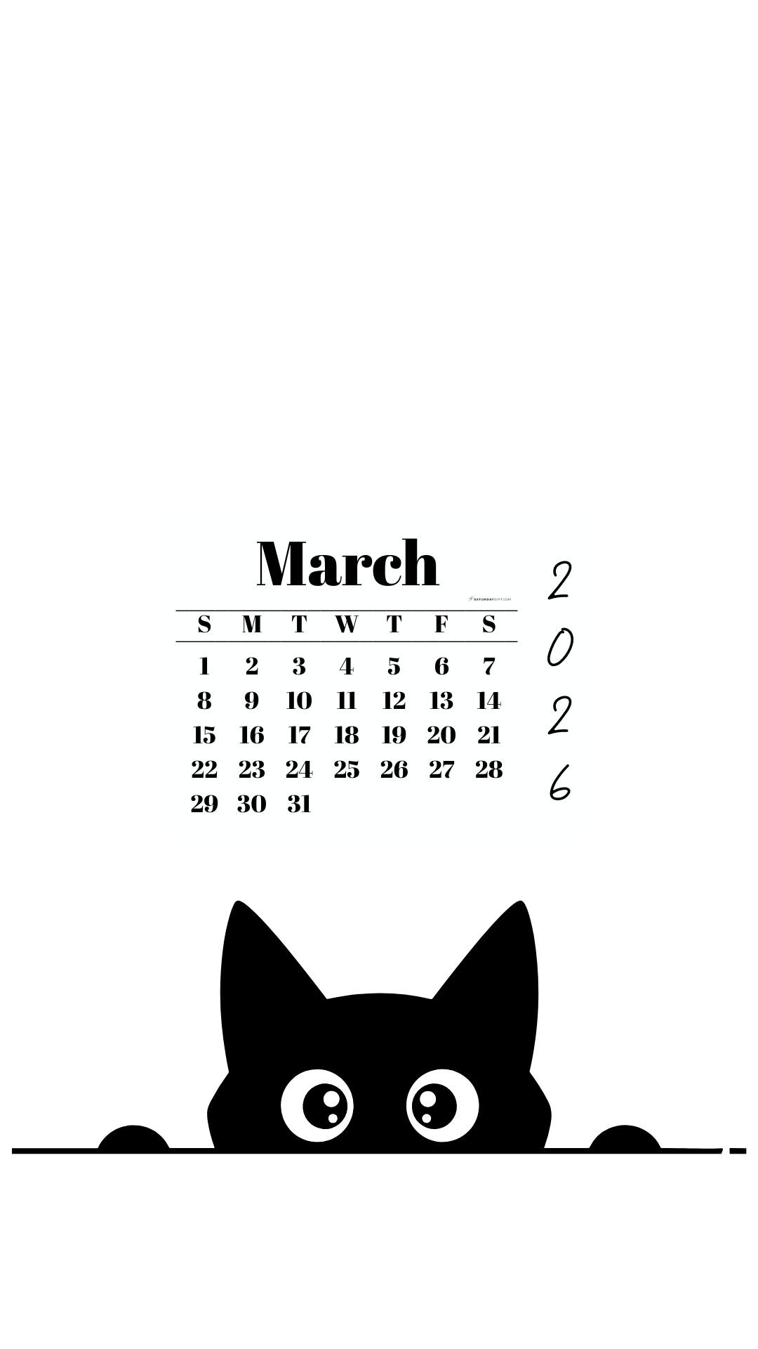 March Calendar 2026 Phone Background - Shy Cat White | SaturdayGift