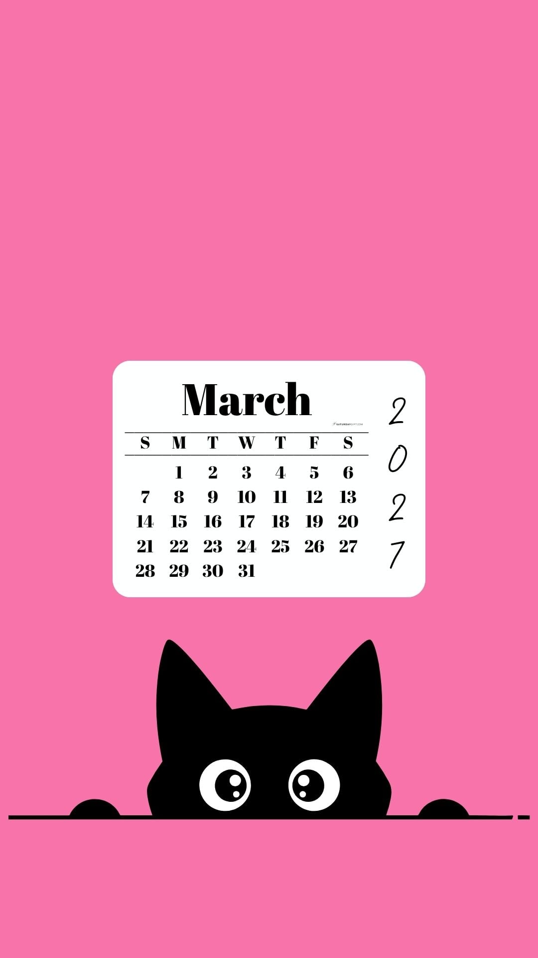 March Calendar 2027 Phone Background - Shy Cat Pink | SaturdayGift