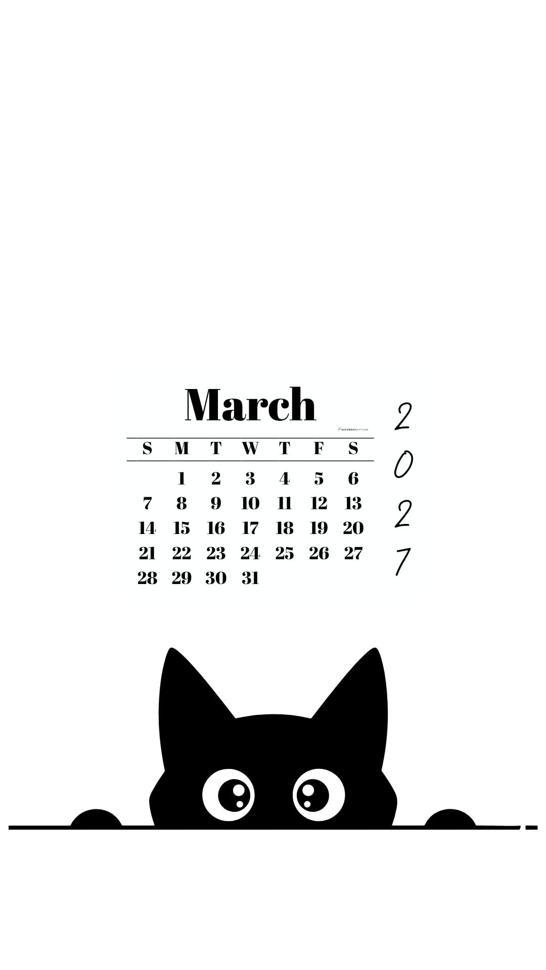 March Calendar 2027 Phone Background - Shy Cat White | SaturdayGift