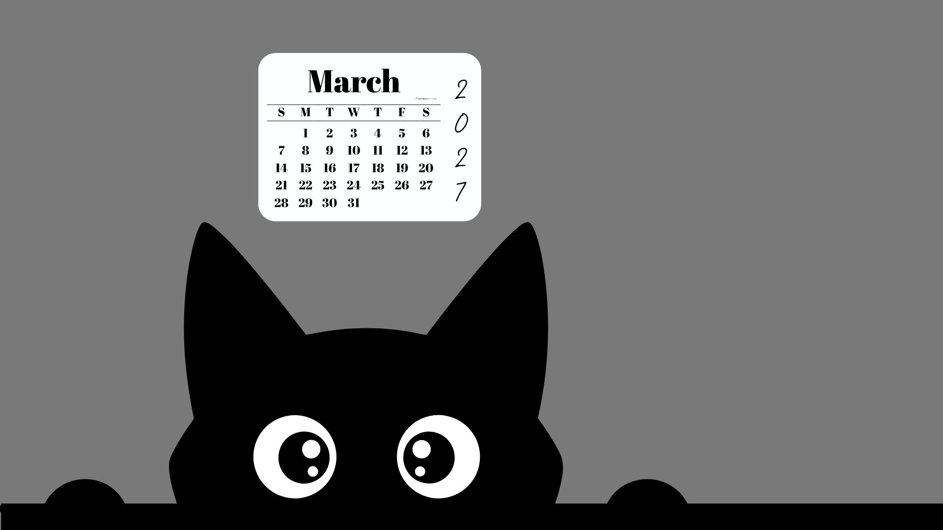 March Calendar Desktop Background 2027 - Shy Cat Grey | SaturdayGift
