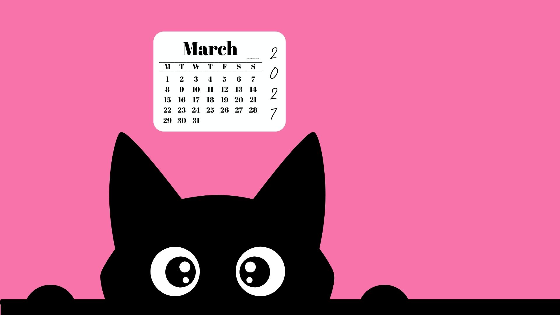 March Calendar Desktop Background 2027 - Shy Cat Pink | SaturdayGift