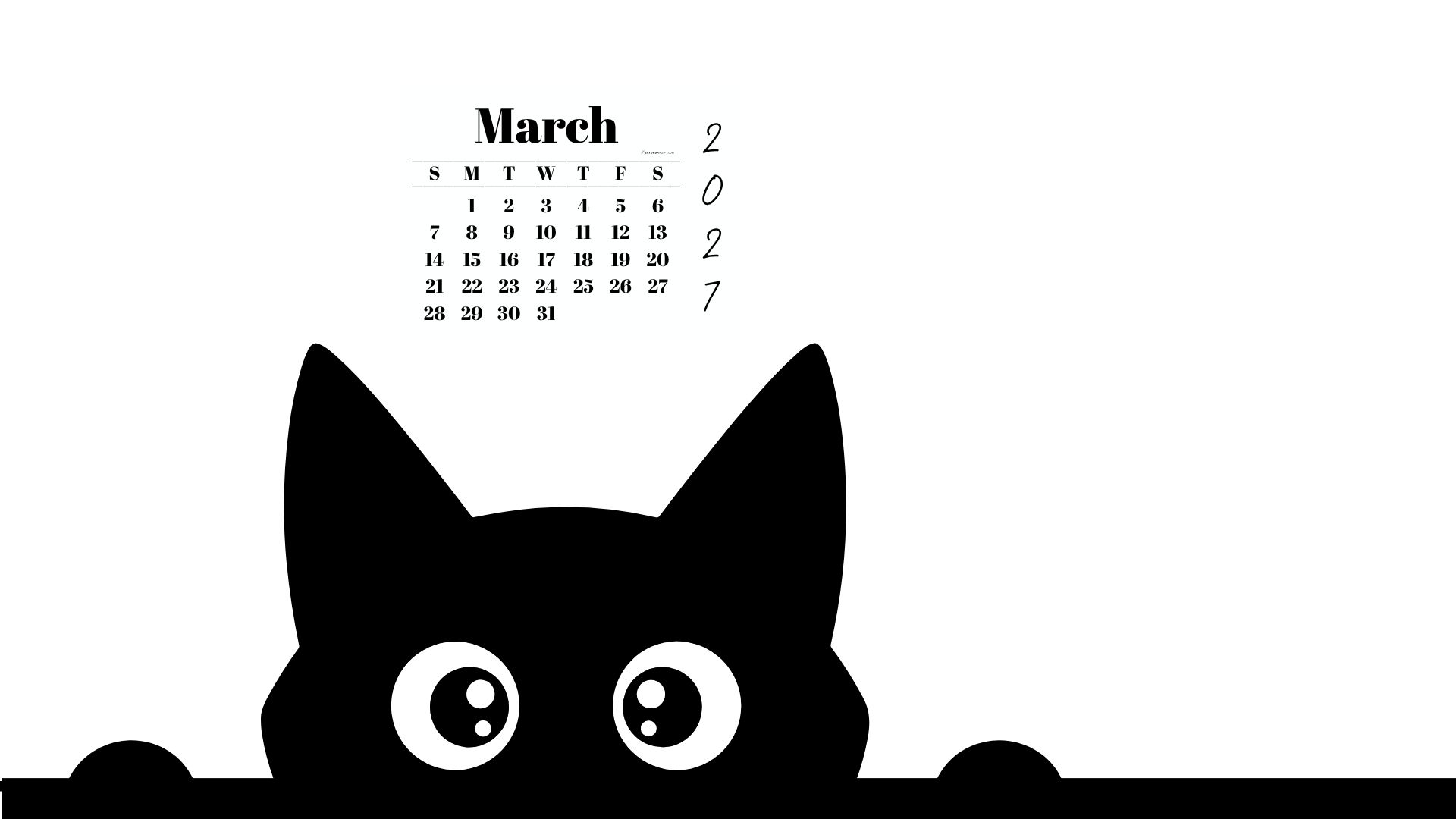 March Calendar Desktop Background 2027 - Shy Cat White | SaturdayGift