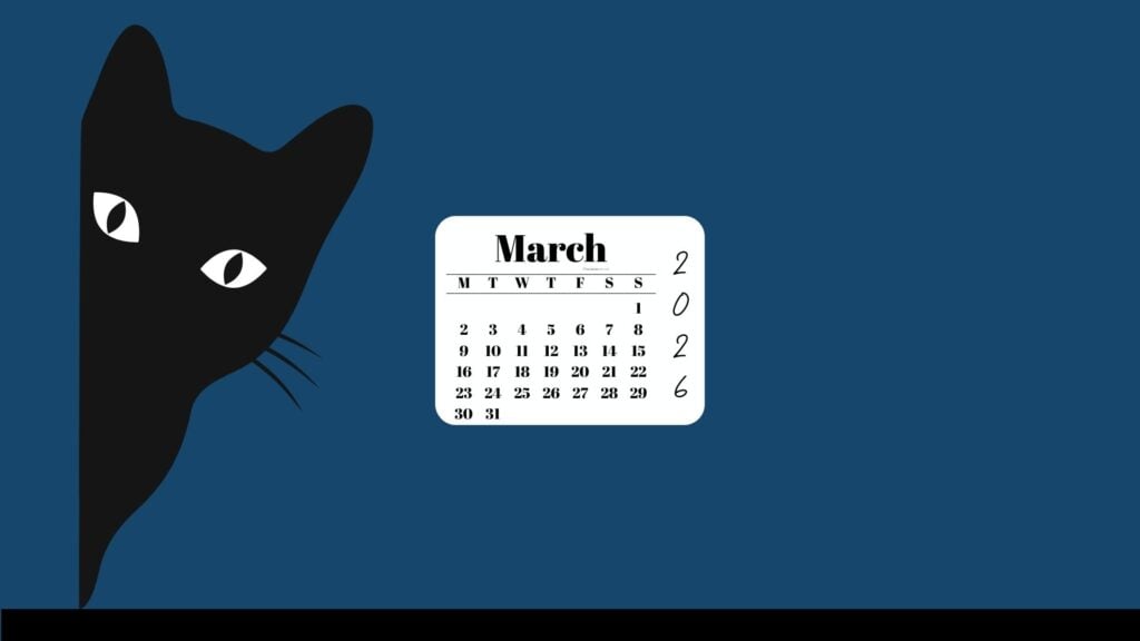 March Desktop Wallpaper 2026 - Black Cat Blue Background | SaturdayGift