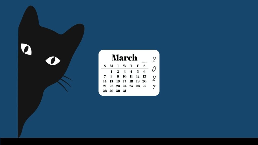 March Desktop Wallpaper 2027 - Black Cat Blue Background | SaturdayGift
