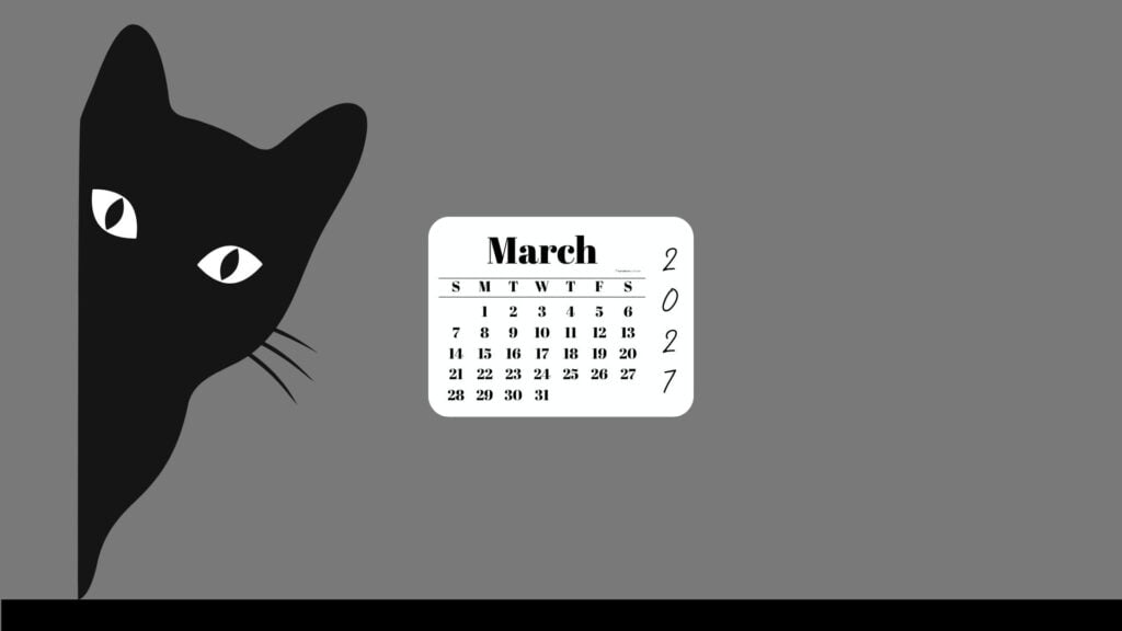 March Desktop Wallpaper 2027 - Black Cat Grey Background | SaturdayGift