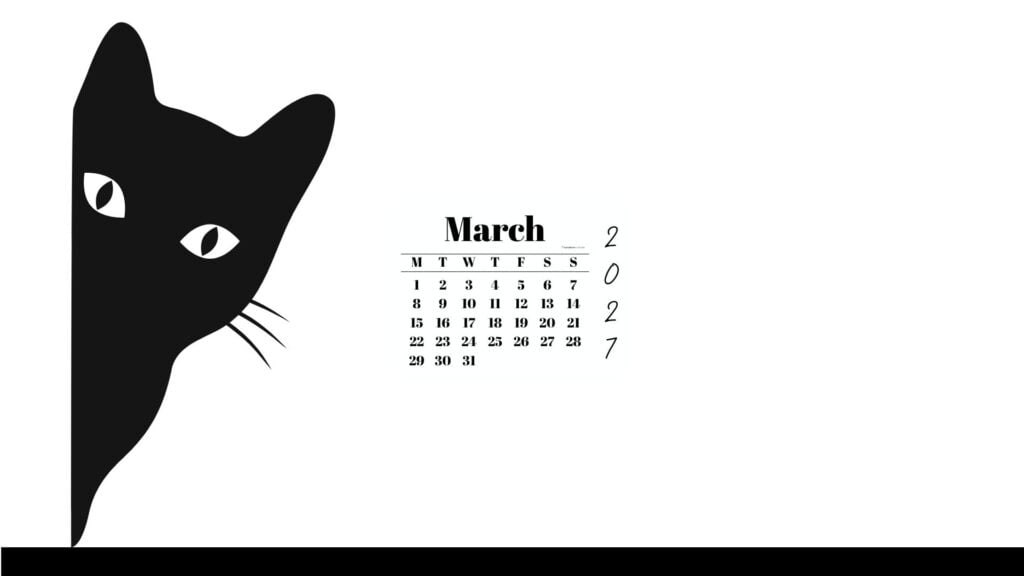 March Desktop Wallpaper 2027 - Black Cat White Background | SaturdayGift