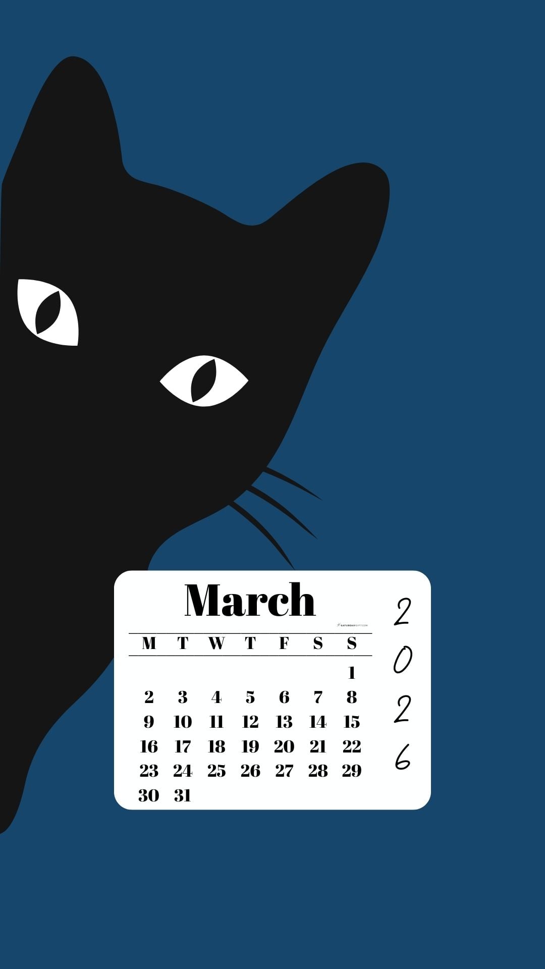 March Phone Wallpaper 2026 - Black Cat Blue Background | SaturdayGift