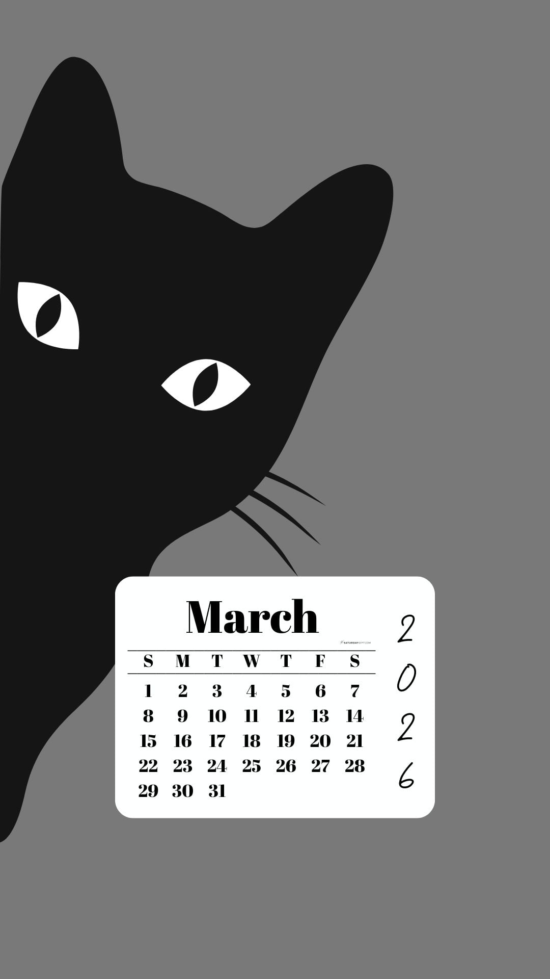 March Phone Wallpaper 2026 - Black Cat Grey Background | SaturdayGift