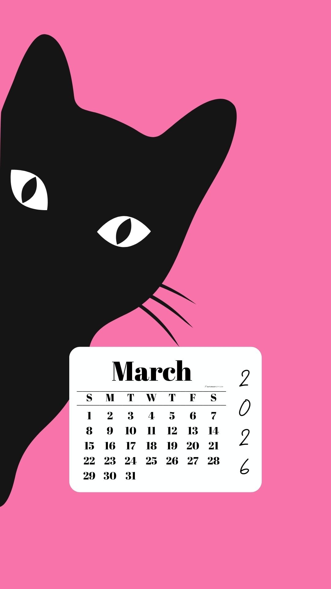 March Phone Wallpaper 2026 - Black Cat Pink Background | SaturdayGift