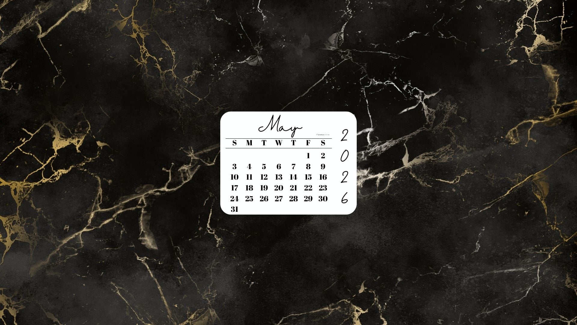 May 2026 Desktop Wallpaper Background - Black & Gold Marble | SaturdayGift