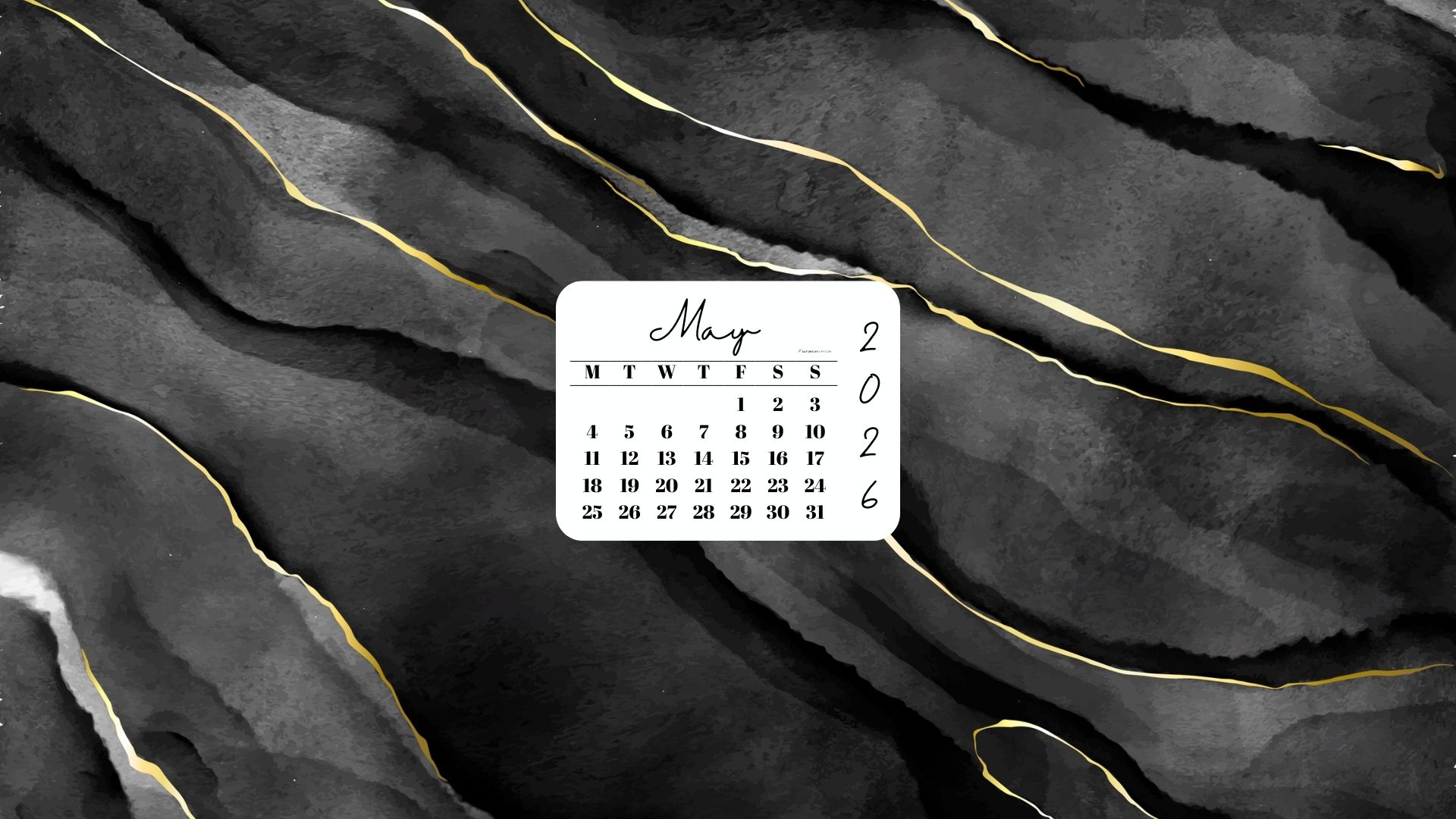 May 2026 Desktop Wallpaper Background - Black & Gold Watercolor | SaturdayGift