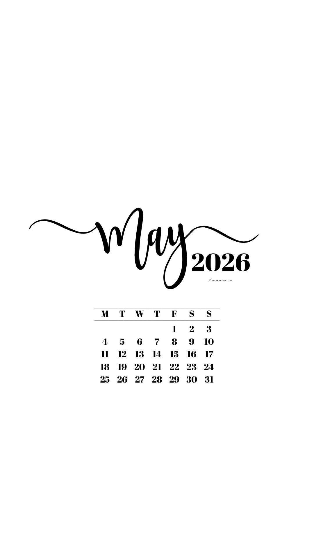 May 2026 Phone Background Wallpaper - White | SaturdayGift