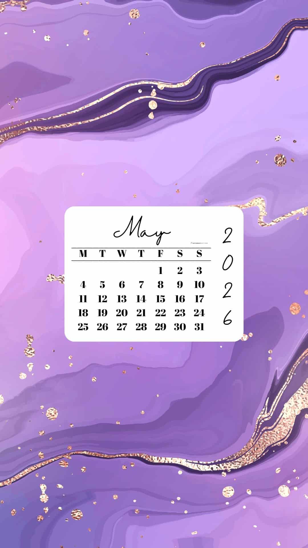 May 2026 Phone Wallpaper Background - Gold & Lilac | SaturdayGift