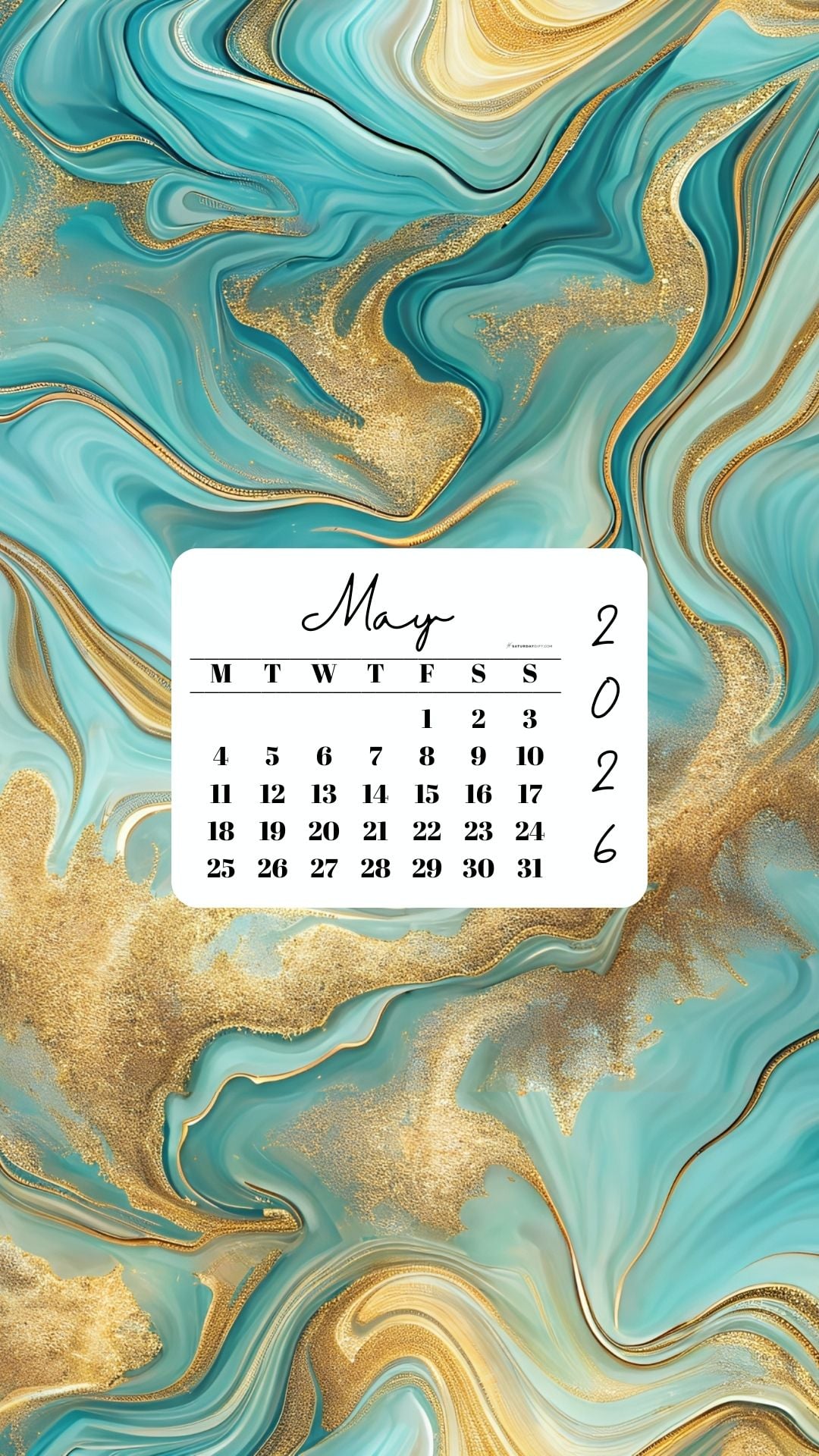 May 2026 Phone Wallpaper Background - Gold & Turquoise | SaturdayGift