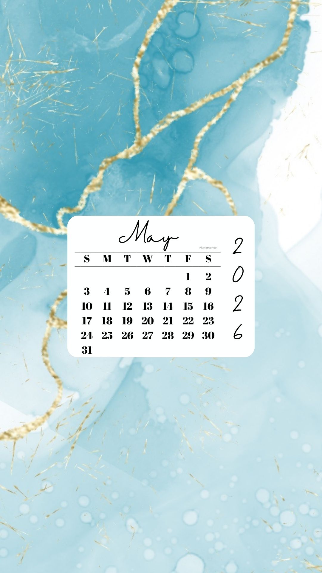 May 2026 Phone Wallpaper Background - Turquoise Marble | SaturdayGift