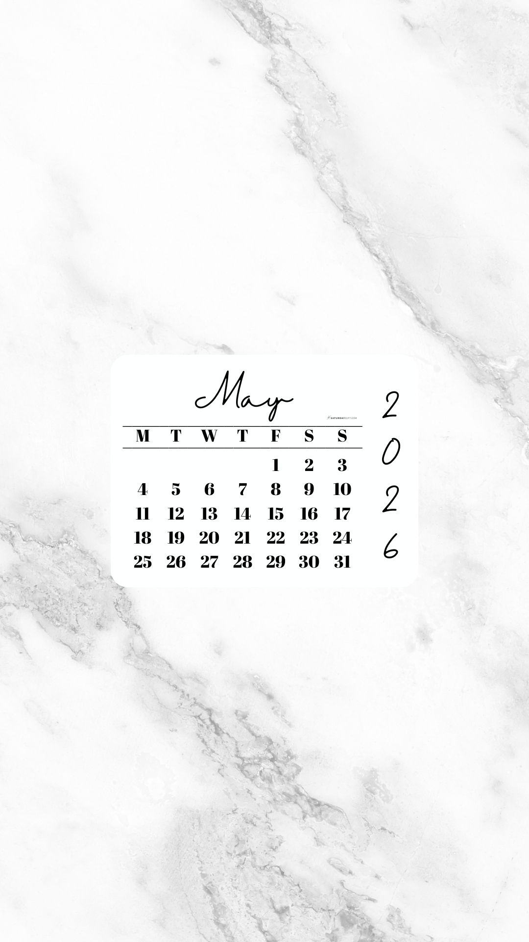 May 2026 Phone Wallpaper Background - White Marble | SaturdayGift