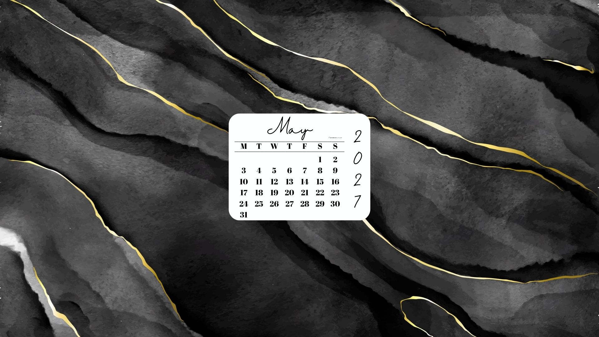 May 2027 Desktop Wallpaper Background - Black & Gold Watercolor | SaturdayGift