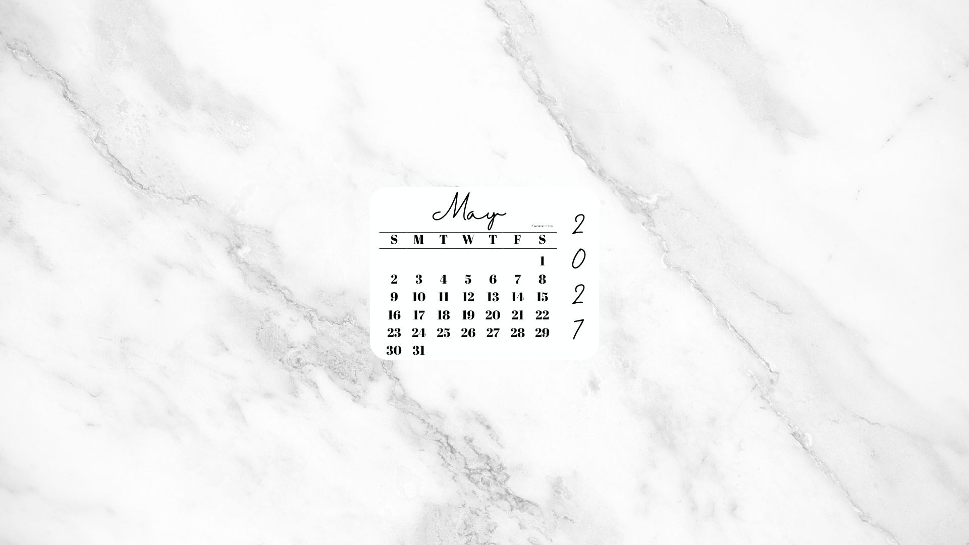 May 2027 Desktop Wallpaper Background - White Marble | SaturdayGift