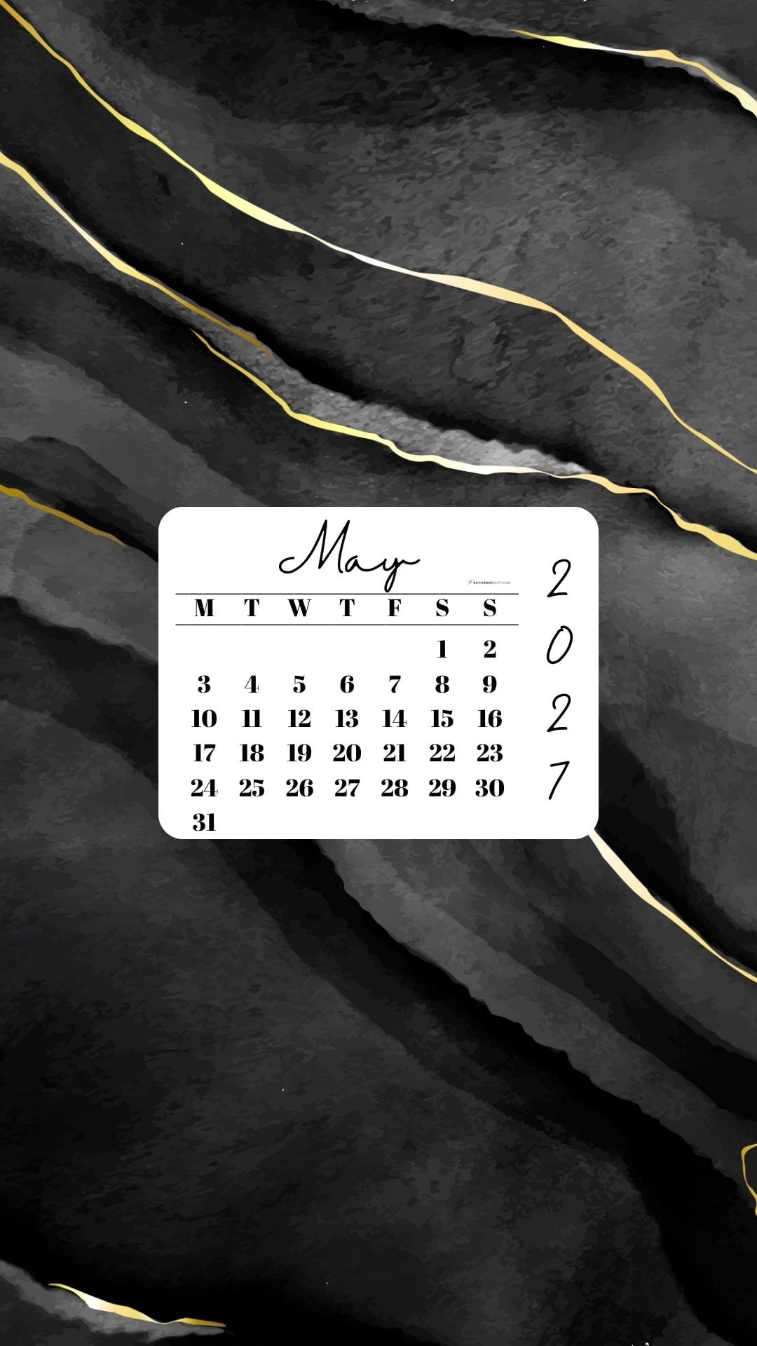 May 2027 Phone Wallpaper Background - Black & Gold Watercolor | SaturdayGift