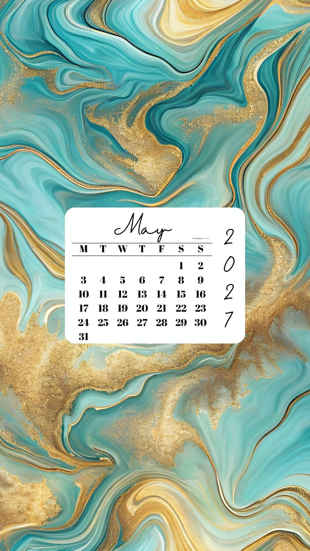 May 2027 Phone Wallpaper Background - Gold & Turquoise | SaturdayGift