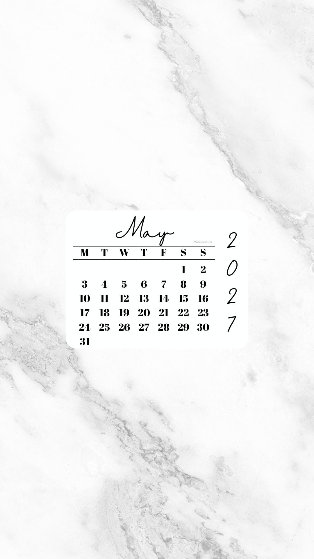 May 2027 Phone Wallpaper Background - White Marble | SaturdayGift