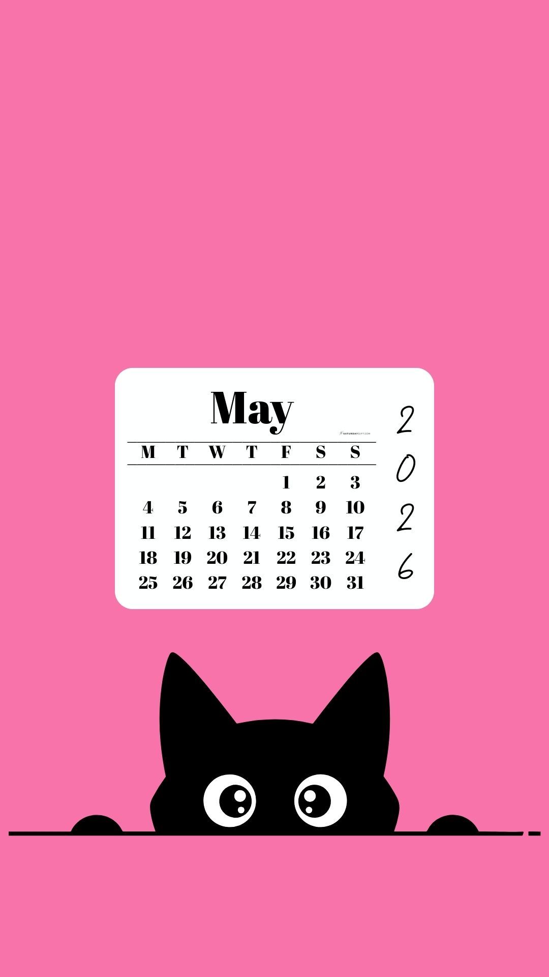 May Calendar 2026 Phone Background - Shy Cat Pink | SaturdayGift