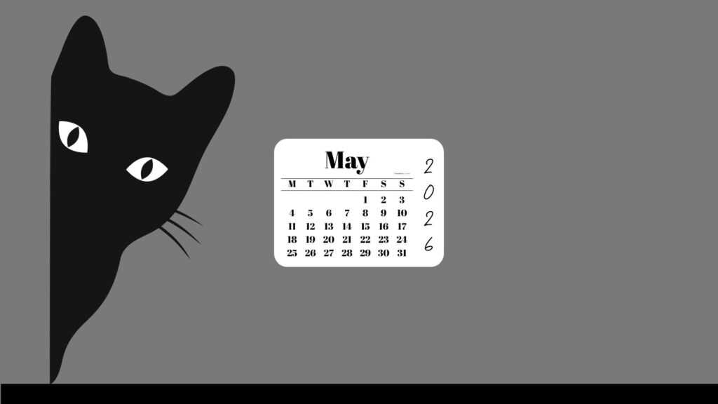 May Desktop Wallpaper 2026 - Black Cat Grey Background | SaturdayGift