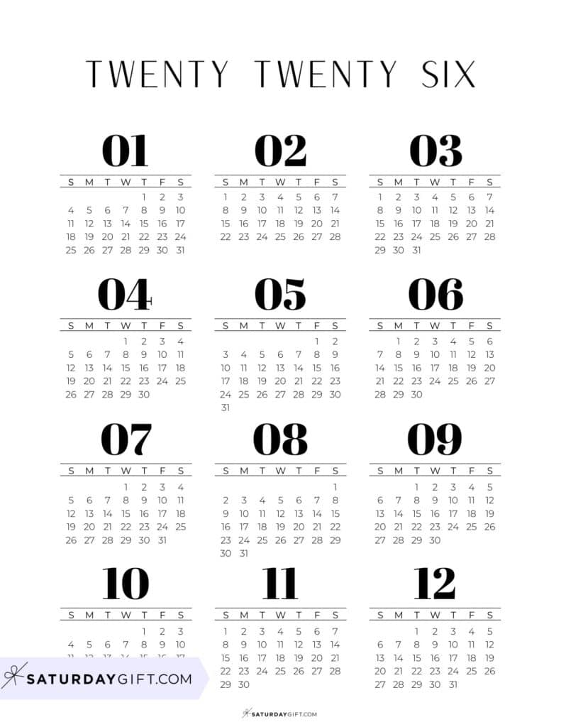 Mini Calendars 2026 Free Printable Black and White Calendar | SaturdayGift