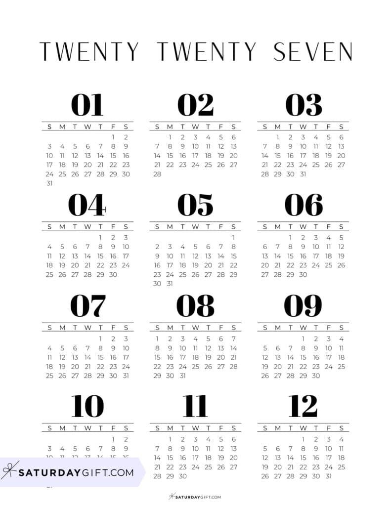 Mini Calendars 2027 Free Printable Black and White Calendar