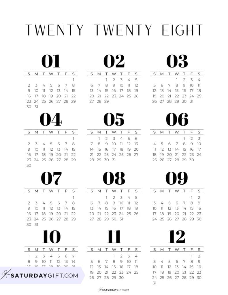 Mini Calendars 2028 Free Printable Black and White Calendar