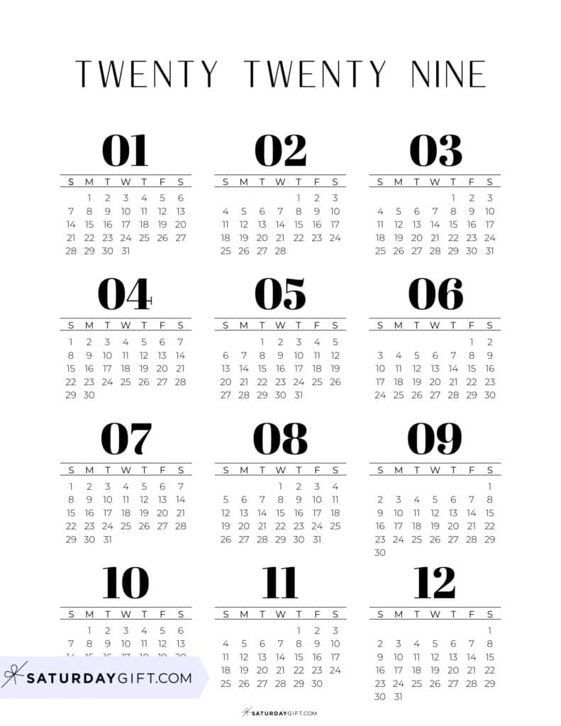 Mini Calendars 2029 Free Printable Black and White Calendar