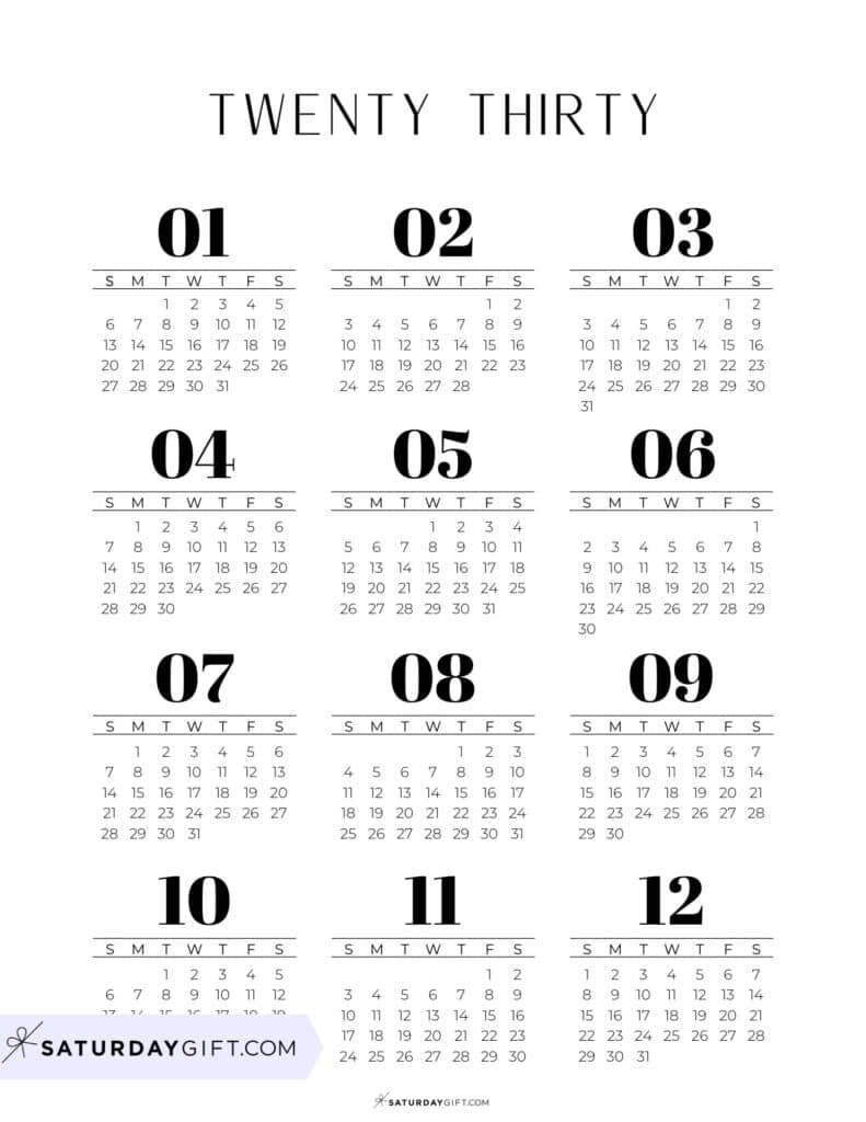 Mini Calendars 2030 Free Printable Black and White Calendar