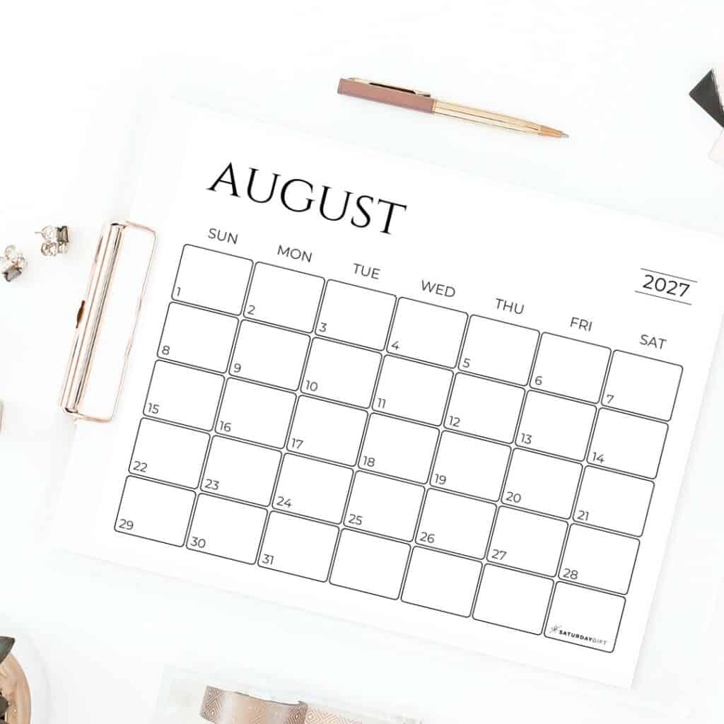 Minimal black and white horizontal printable calendar 2027 |SaturdayGift