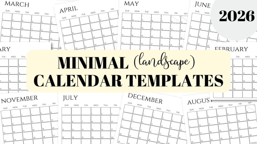 Minimal calendar templates 2026 landscape free printables by SaturdayGift