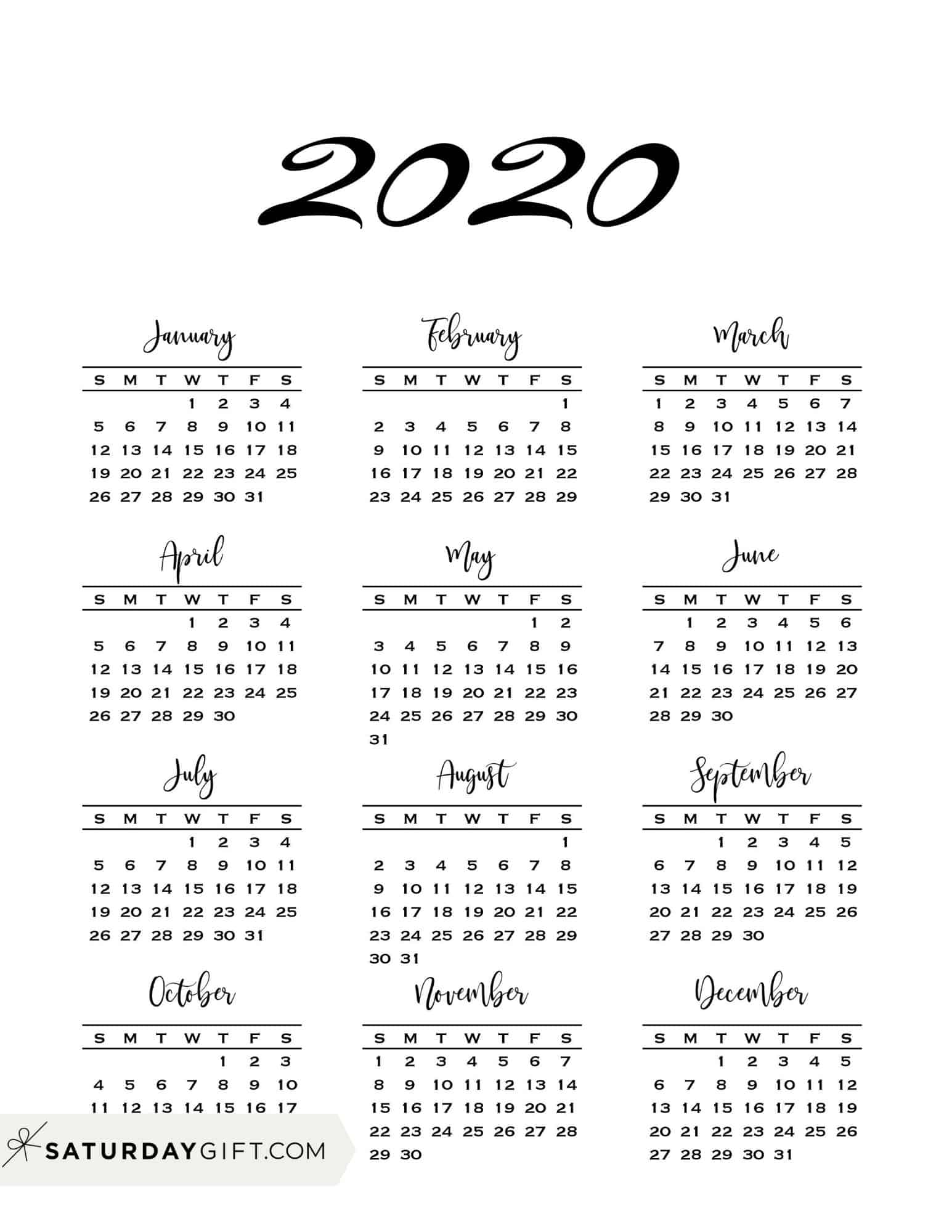 Minimal one page year at a glance calendar 2020 Sunday Start | SaturdayGift