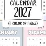 Monthly Calendar 2027 - 6 Color Options | SaturdayGift