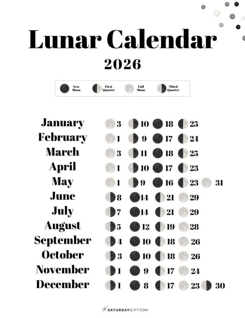 Moon Phase Calendar 2026 Free Printable Template