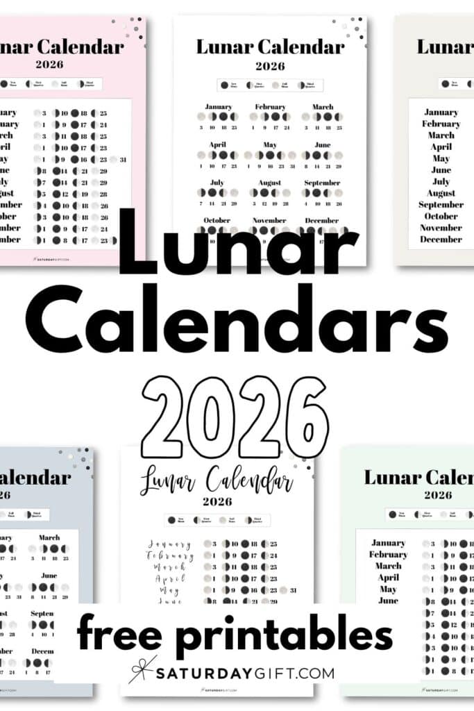 Moon Phase Calendars 2026 Free Printables by SaturdayGif