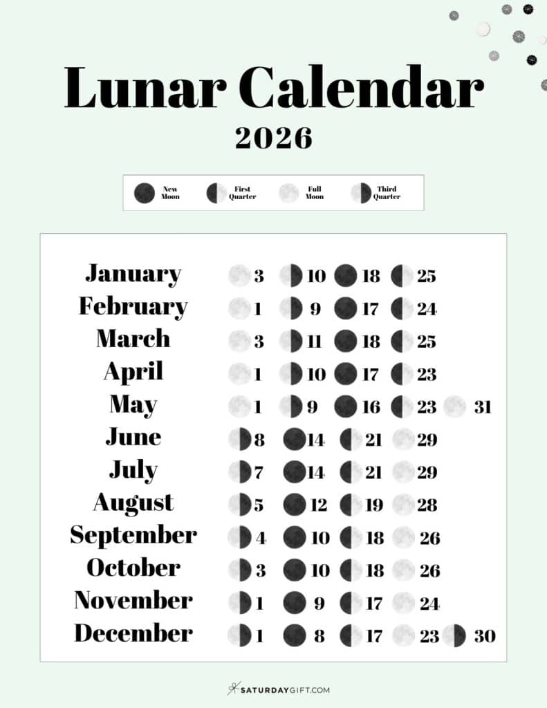 Moon Phases Calendar 2026 Free Printable Green