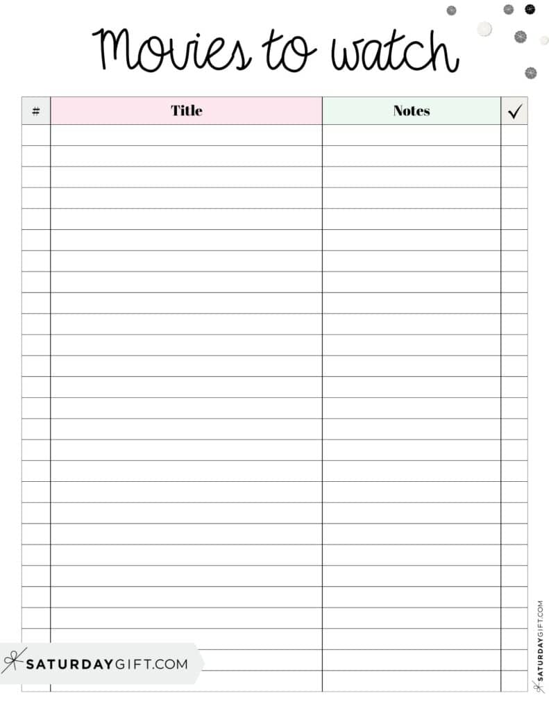 Movies to Watch List Printable