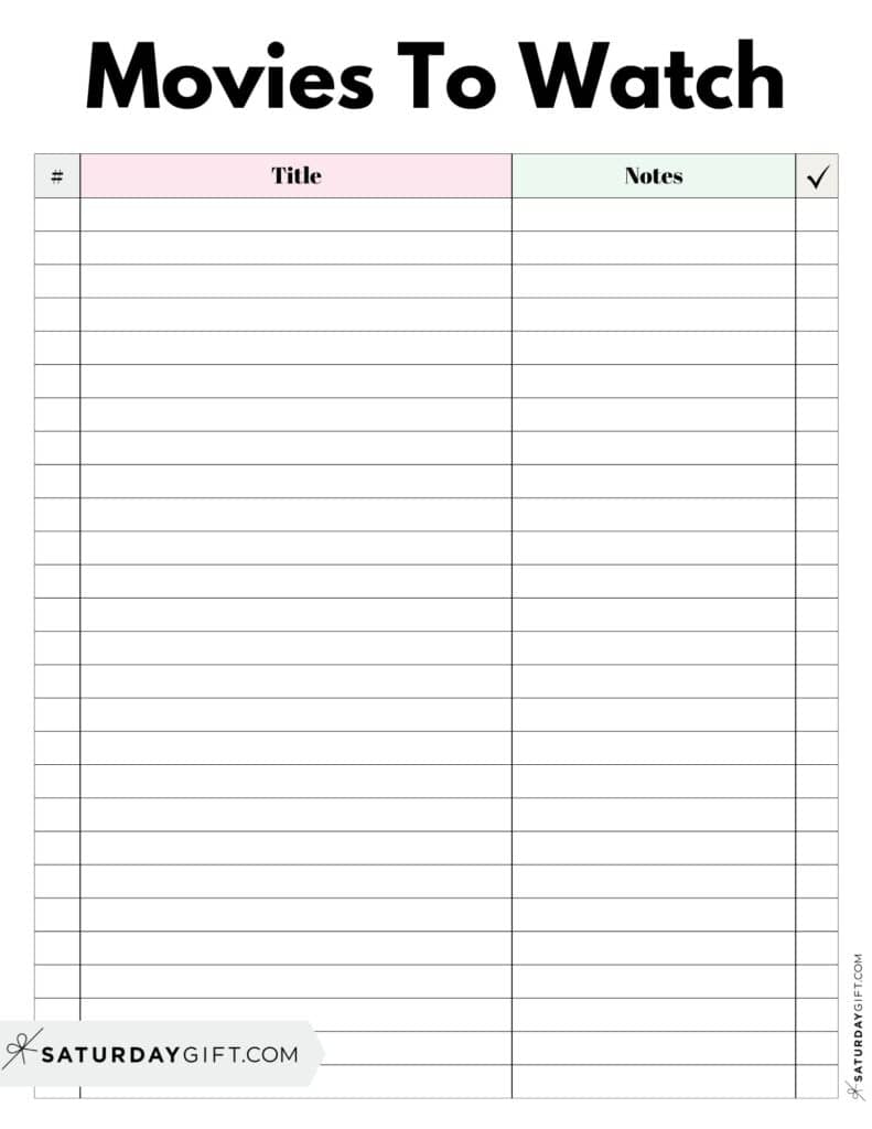 Movies to Watch Printable Log