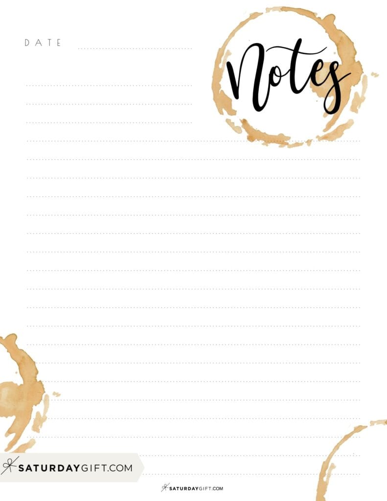 Notebook paper coffee stain design free printable | SaturdayGift