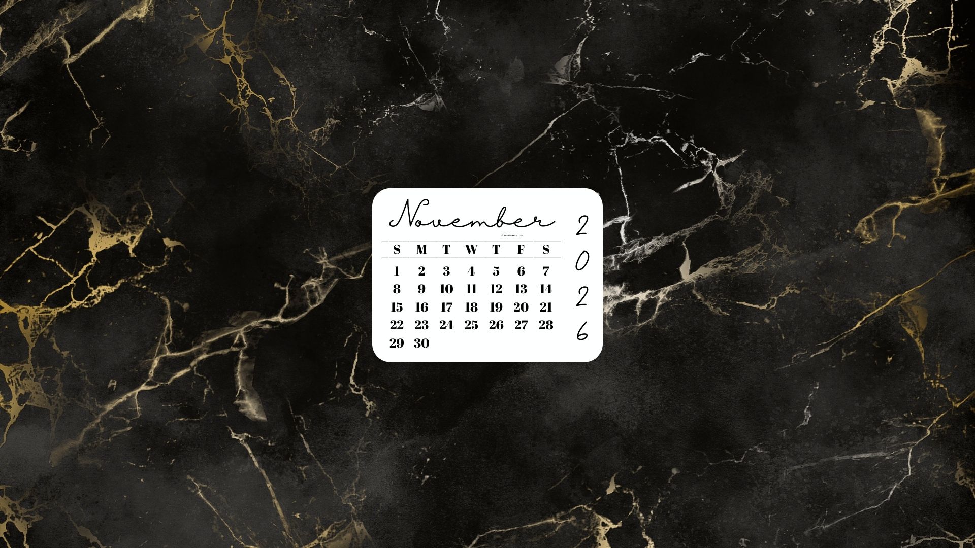 November 2026 Desktop Wallpaper Background - Black & Gold Marble | SaturdayGift